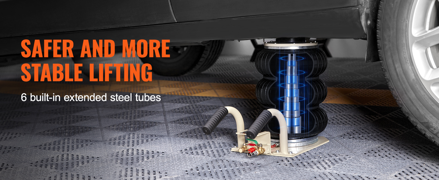 car lifted by VEVOR air jack with 6 steel tubes, showcasing safer and more stable lifting.