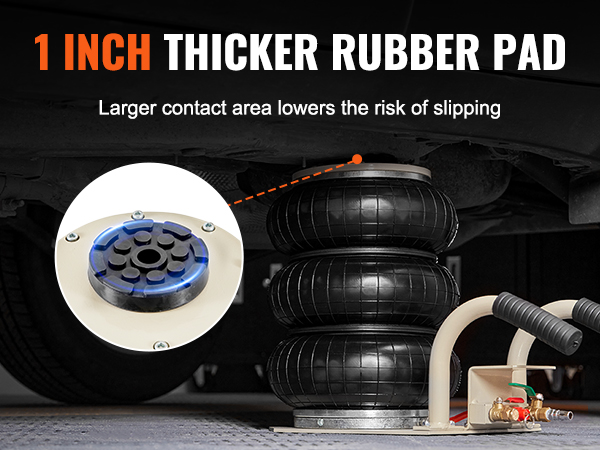 VEVOR air jack with thicker rubber pad under a car, providing larger contact area to prevent slipping.