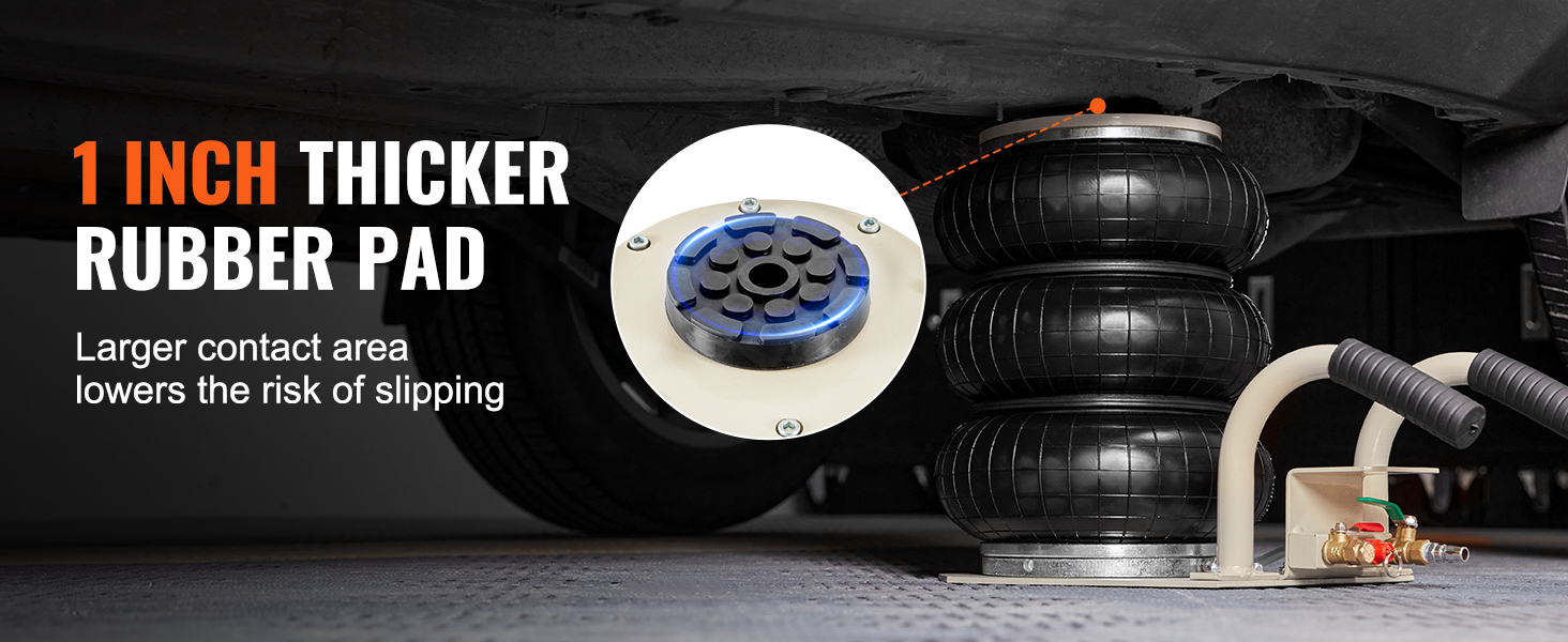 VEVOR air jack with thicker rubber pad under a car, providing larger contact area to prevent slipping.