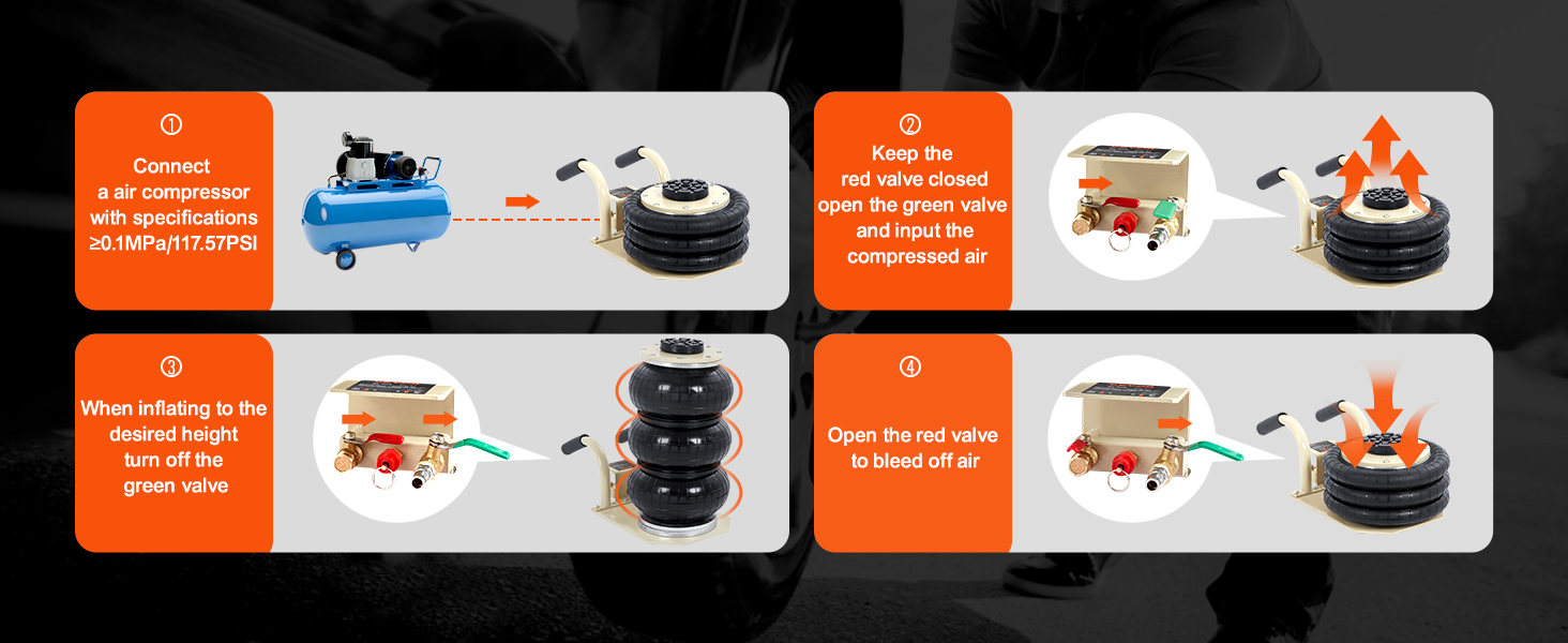 instructions for using the VEVOR air jack with air compressor and valve operation steps.