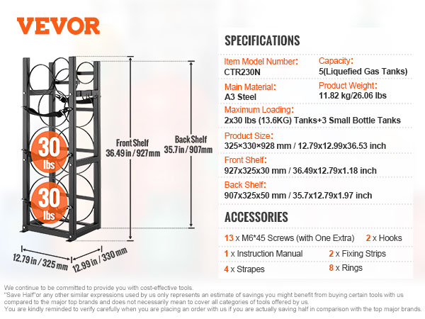 VEVOR refrigerant tank rack, holds up to 5 tanks, 30 lbs capacity, a3 steel, includes straps and screws.