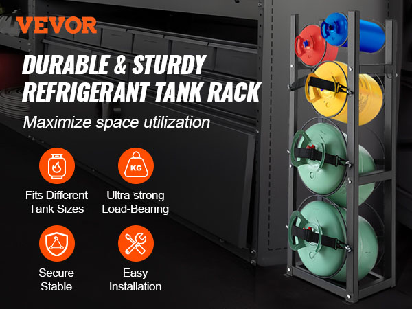VEVOR refrigerant tank rack in a garage, showcasing various tank sizes with organization icons.