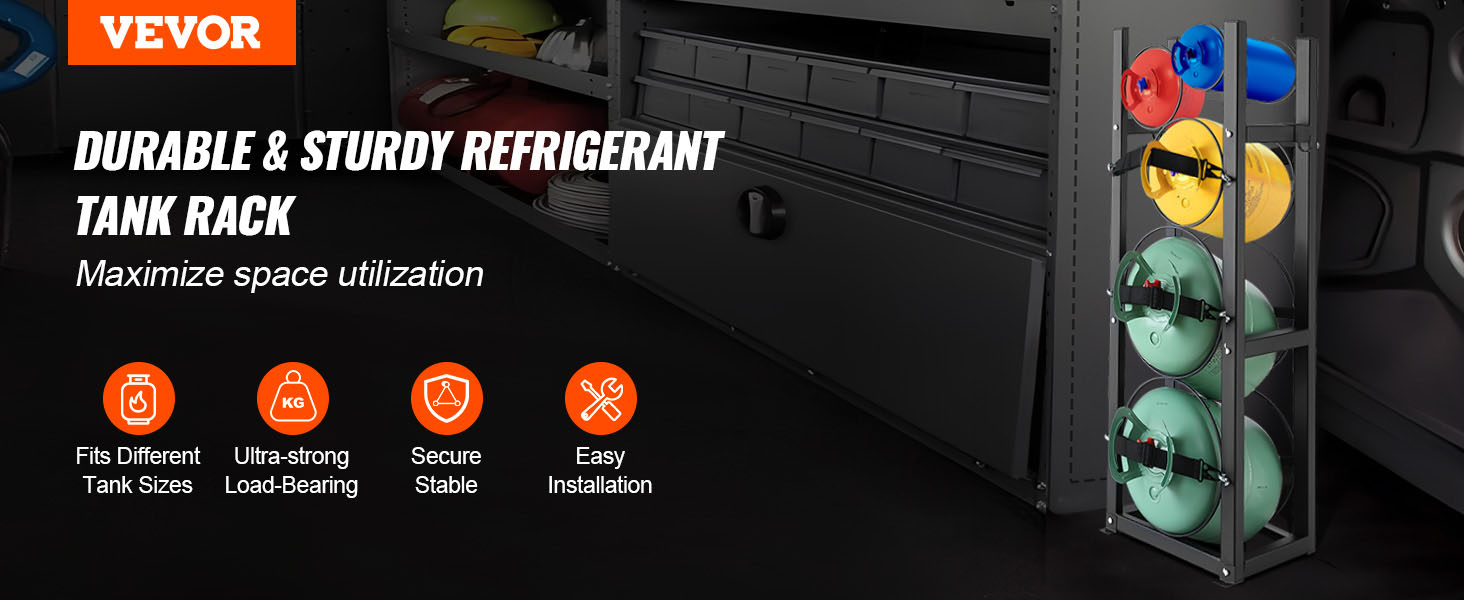 VEVOR refrigerant tank rack in a garage, showcasing various tank sizes with organization icons.