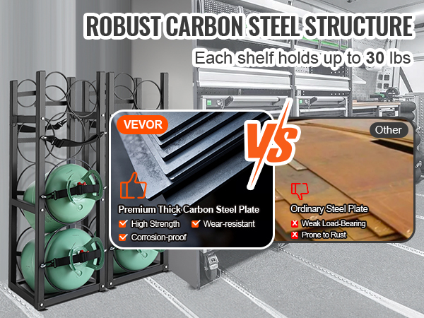 VEVOR refrigerant tank rack with robust carbon steel, holding tanks, each shelf up to 30 lbs capacity.