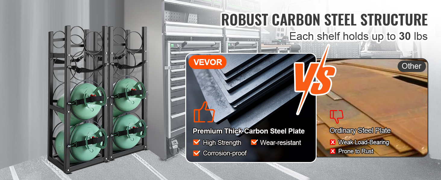 VEVOR refrigerant tank rack with robust carbon steel, holding tanks, each shelf up to 30 lbs capacity.