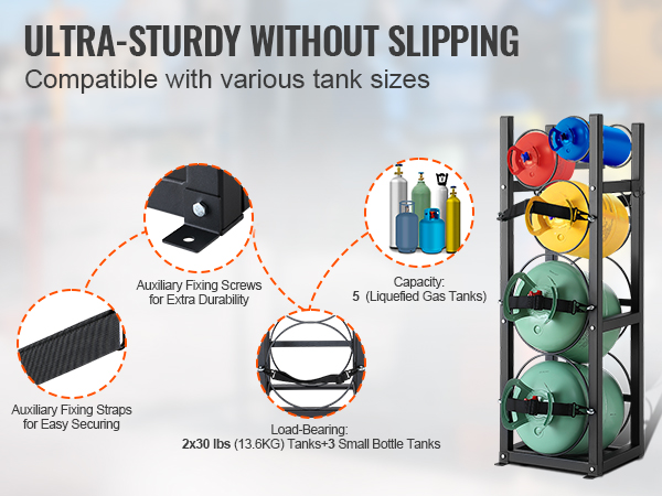 VEVOR refrigerant tank rack showcasing capacity, auxiliary fixing screws, and straps for durability.
