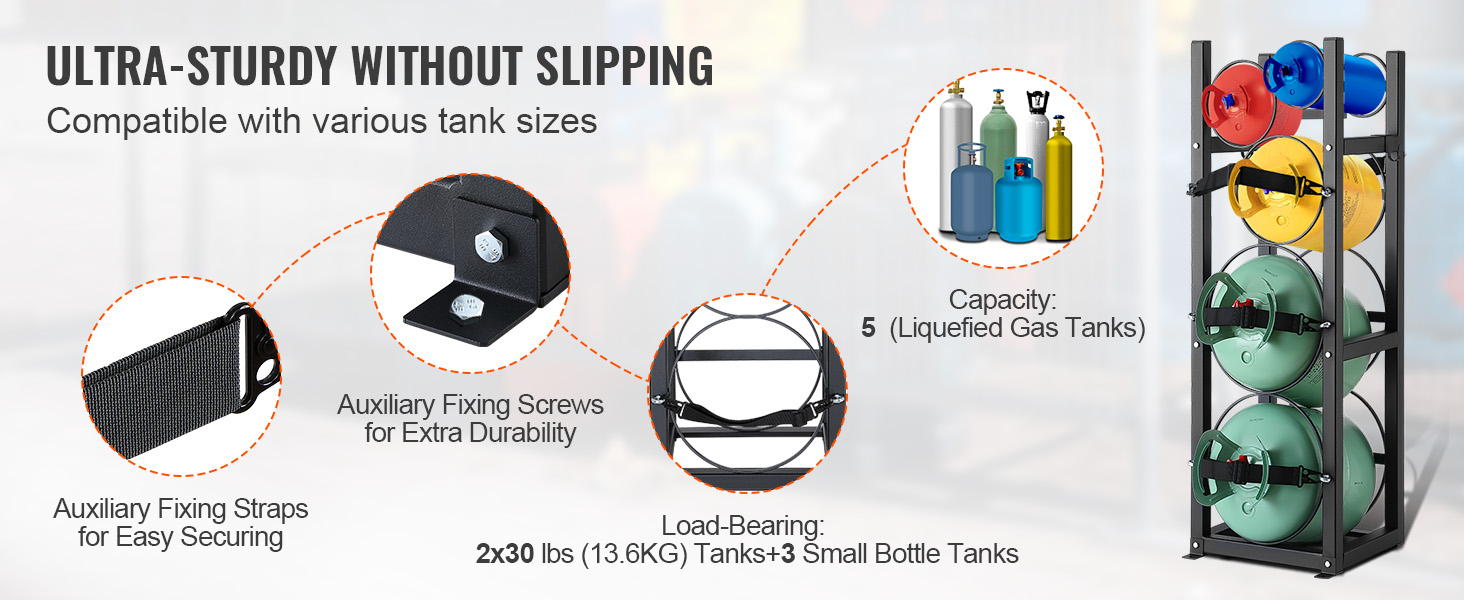 VEVOR refrigerant tank rack showcasing capacity, auxiliary fixing screws, and straps for durability.