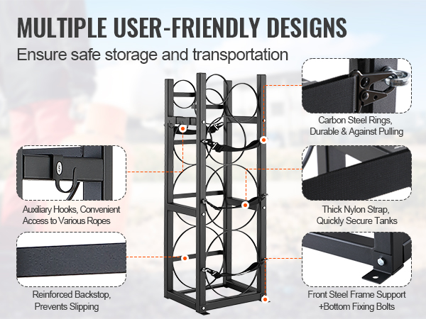 VEVOR refrigerant tank rack with carbon steel rings, auxiliary hooks, nylon straps, and reinforced backstop.