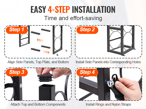 easy 4-step installation guide for VEVOR refrigerant tank rack: align panels, install sides, attach components, add rings.