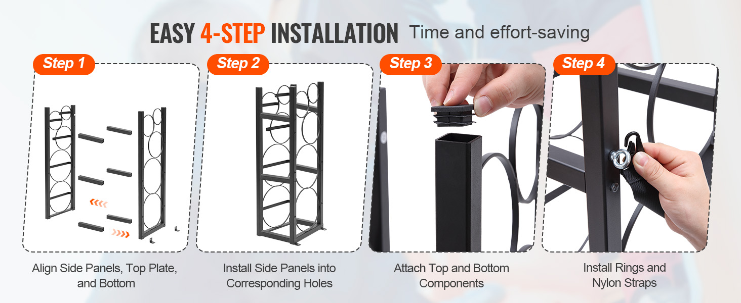 easy 4-step installation guide for VEVOR refrigerant tank rack: align panels, install sides, attach components, add rings.