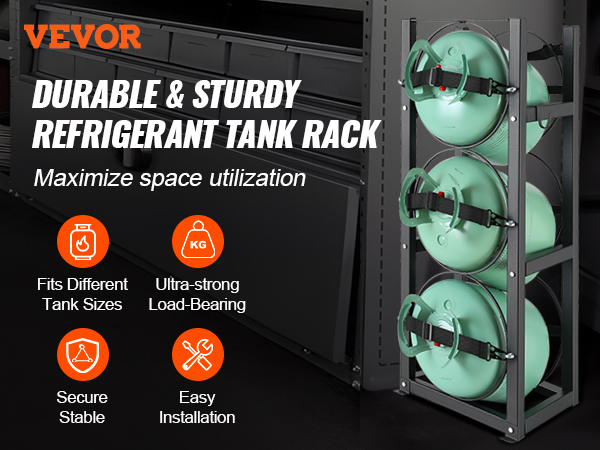 VEVOR refrigerant tank rack holding green tanks with text emphasizing durability and space utilization.