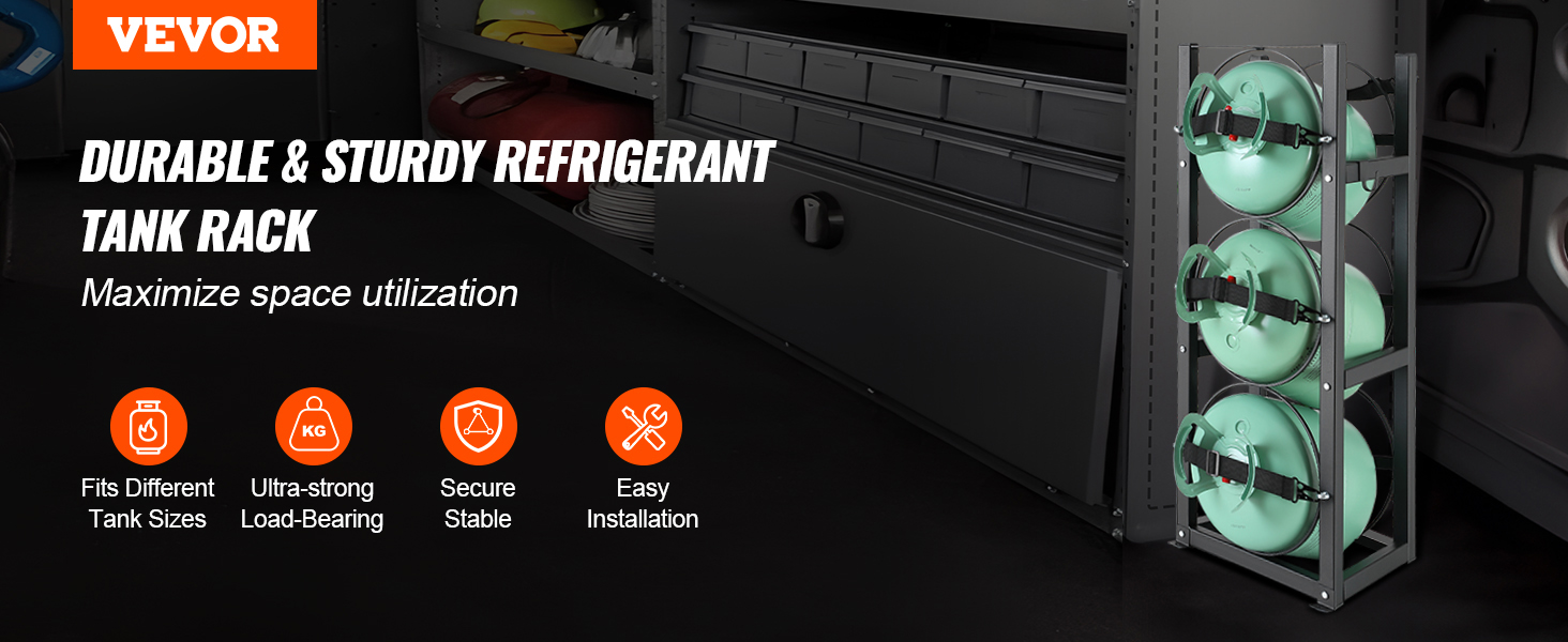 VEVOR refrigerant tank rack holding green tanks with text emphasizing durability and space utilization.