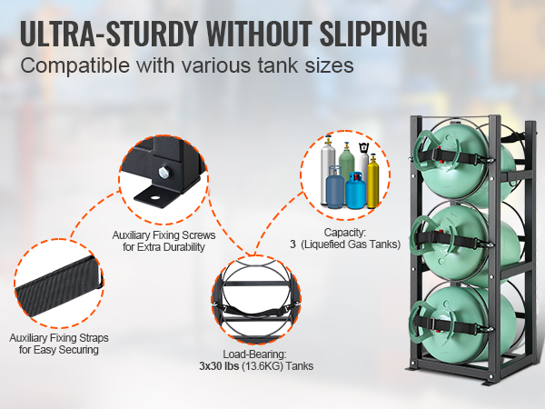 VEVOR refrigerant tank rack with auxiliary fixing straps, screws, and 3 liquefied gas tanks.