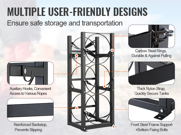 VEVOR refrigerant tank rack features carbon steel rings, nylon straps, auxiliary hooks, and reinforced backstop.