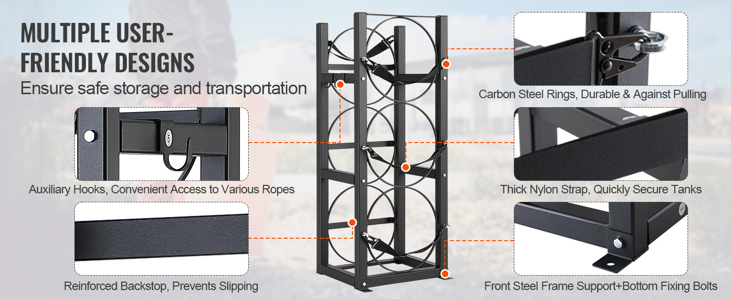 VEVOR refrigerant tank rack features carbon steel rings, nylon straps, auxiliary hooks, and reinforced backstop.