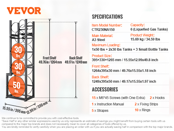 VEVOR refrigerant tank rack with dimensions, capacity, and accessories listed in detail.