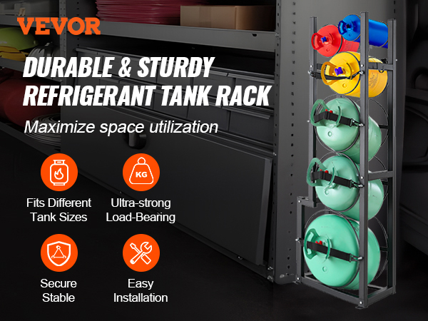 VEVOR refrigerant tank rack maximizes space with secure, load-bearing storage for various tank sizes.