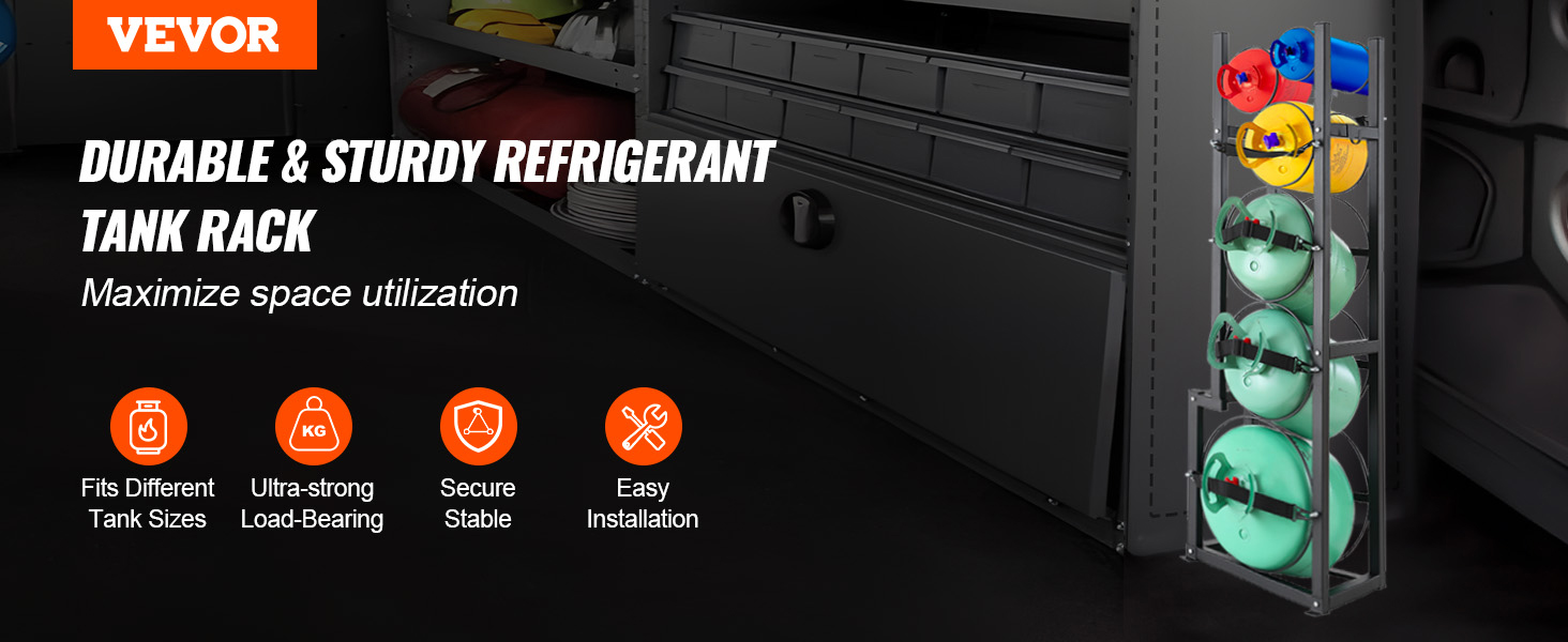VEVOR refrigerant tank rack maximizes space with secure, load-bearing storage for various tank sizes.