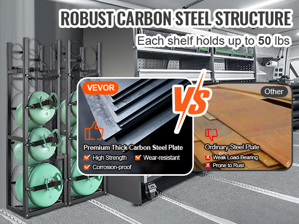 robust carbon steel VEVOR refrigerant tank rack, holds up to 50 lbs per shelf, corrosion-proof.