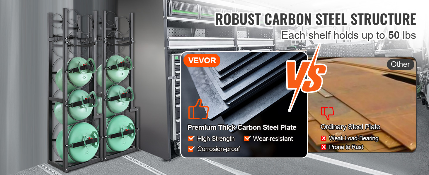 robust carbon steel VEVOR refrigerant tank rack, holds up to 50 lbs per shelf, corrosion-proof.