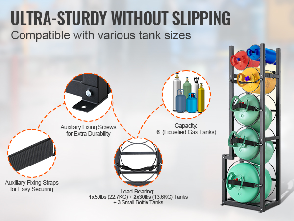 VEVOR refrigerant tank rack securely holds up to 6 tanks with auxiliary fixing straps and screws for extra durability.