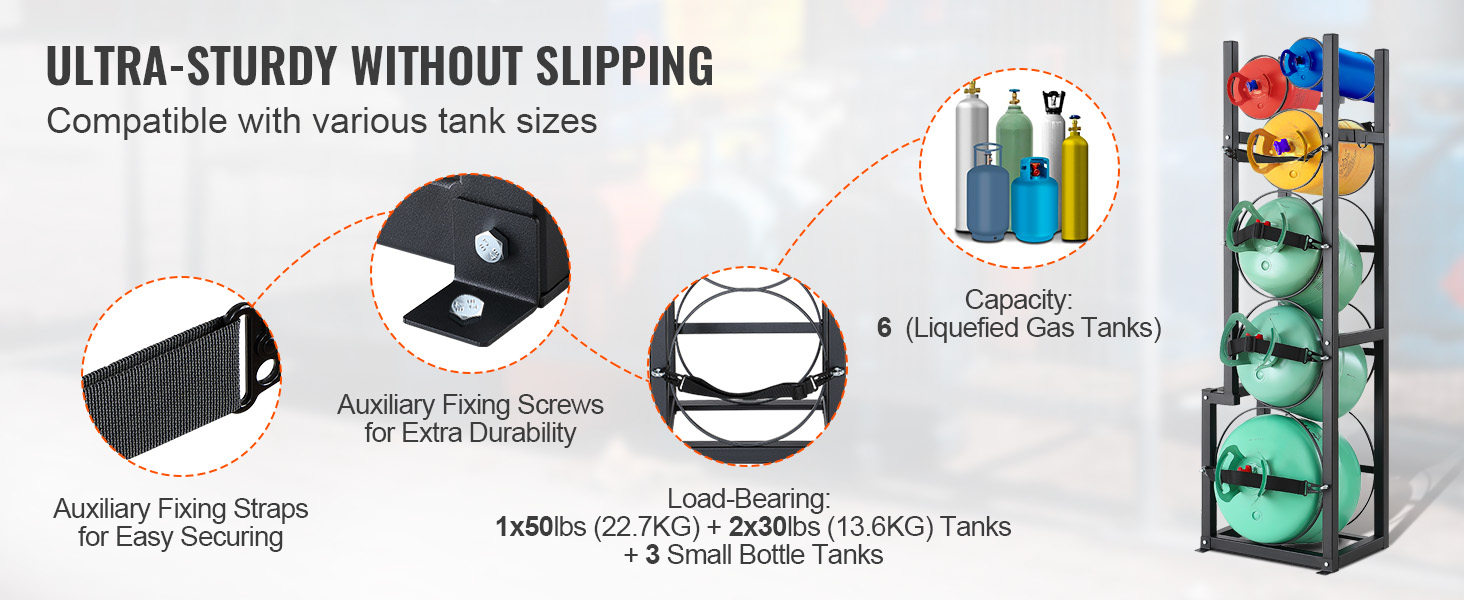 VEVOR refrigerant tank rack securely holds up to 6 tanks with auxiliary fixing straps and screws for extra durability.