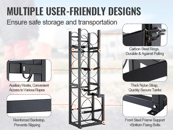 VEVOR refrigerant tank rack with carbon steel rings, thick nylon straps, and auxiliary hooks.