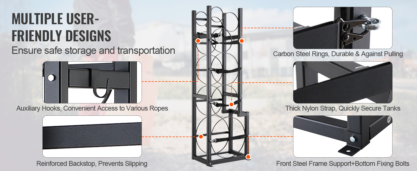 VEVOR refrigerant tank rack with carbon steel rings, thick nylon straps, and auxiliary hooks.