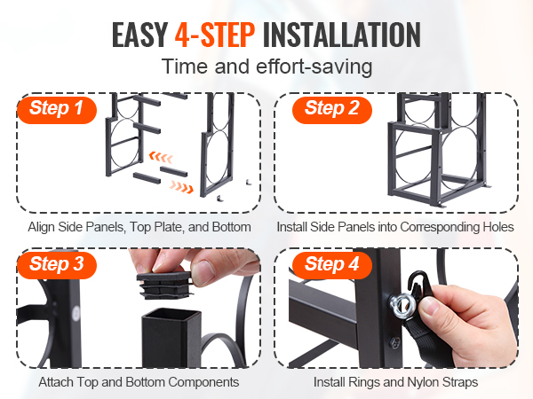 easy four-step installation guide for VEVOR refrigerant tank rack with aligning, installing, attaching, and securing.