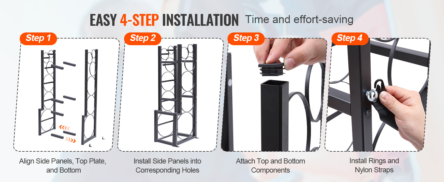 easy four-step installation guide for VEVOR refrigerant tank rack with aligning, installing, attaching, and securing.