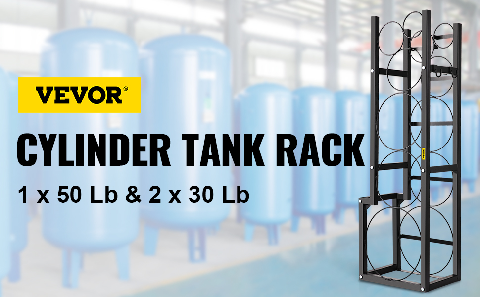 VEVOR refrigerant tank rack and blue tanks in industrial background.