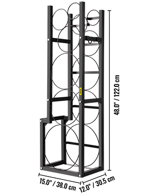 VEVOR refrigerant tank rack with 48" height, 15" width, and 12" depth.