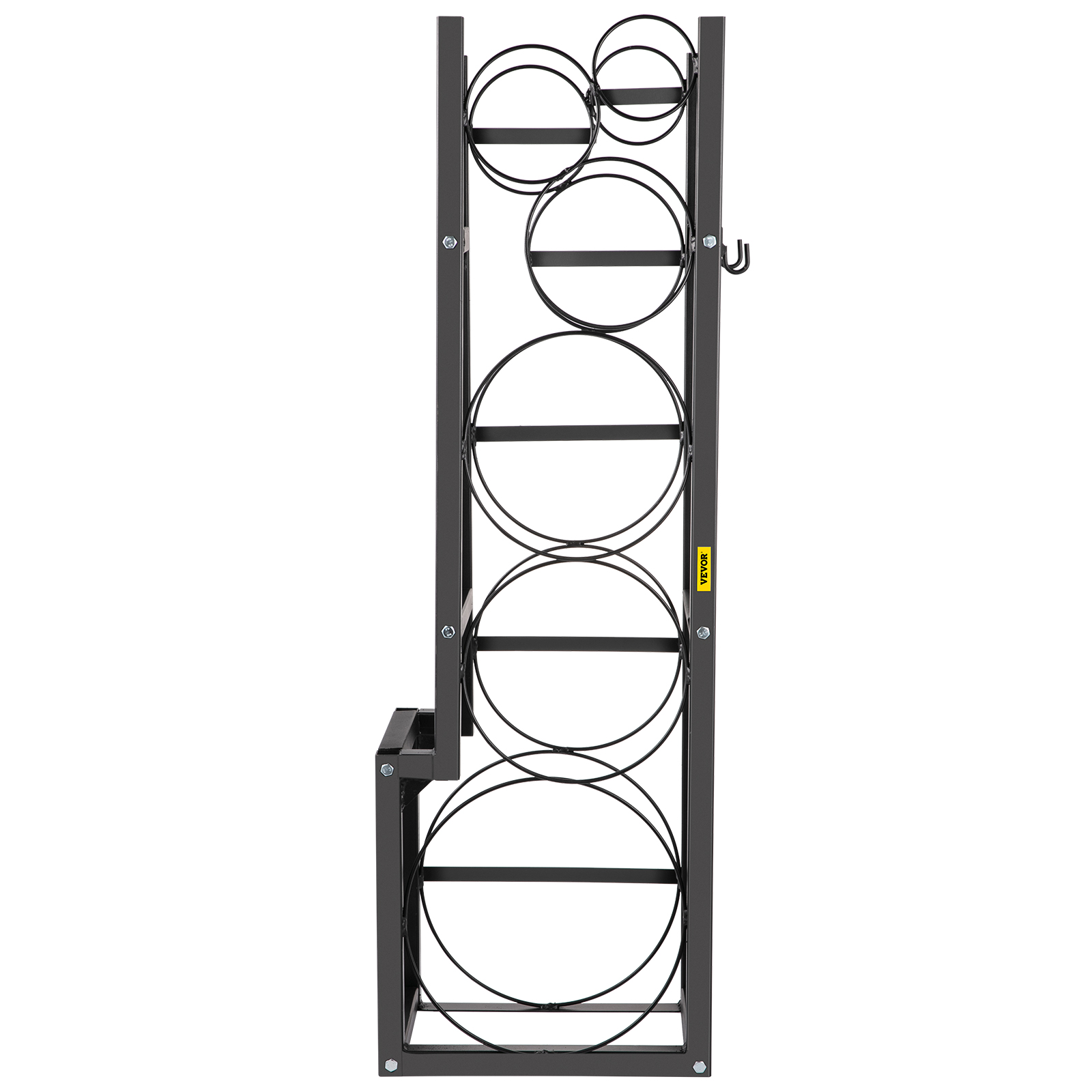 VEVOR refrigerant tank rack with five circular holders, side hook on a sturdy black frame.