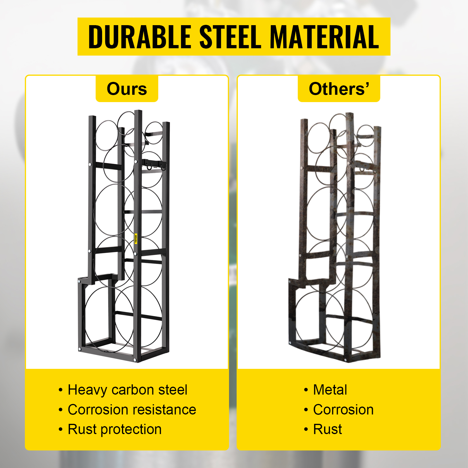 VEVOR refrigerant tank rack comparison with "ours" and "others" labels, durable steel material.