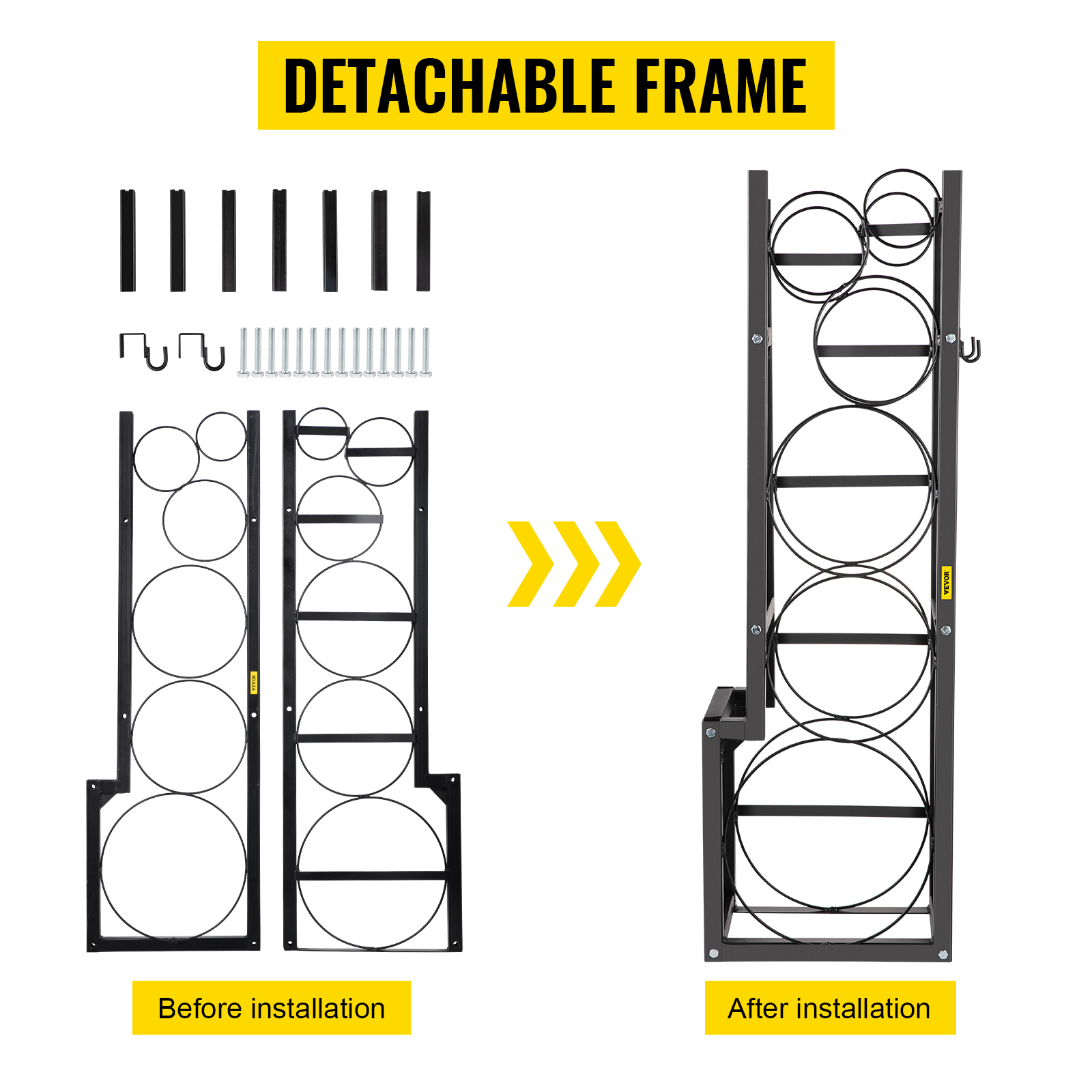 VEVOR refrigerant tank rack - before and after installation, detachable frame visual.