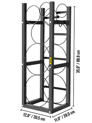black metal VEVOR refrigerant tank rack with four circular slots measuring 88.9x30.5x28 cm.