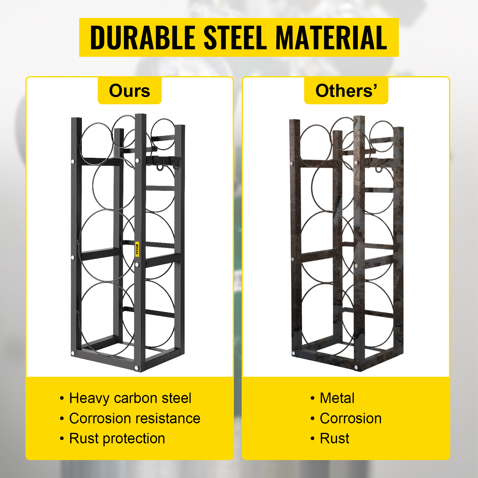 VEVOR refrigerant tank rack comparison showing heavy carbon steel vs rusted metal.
