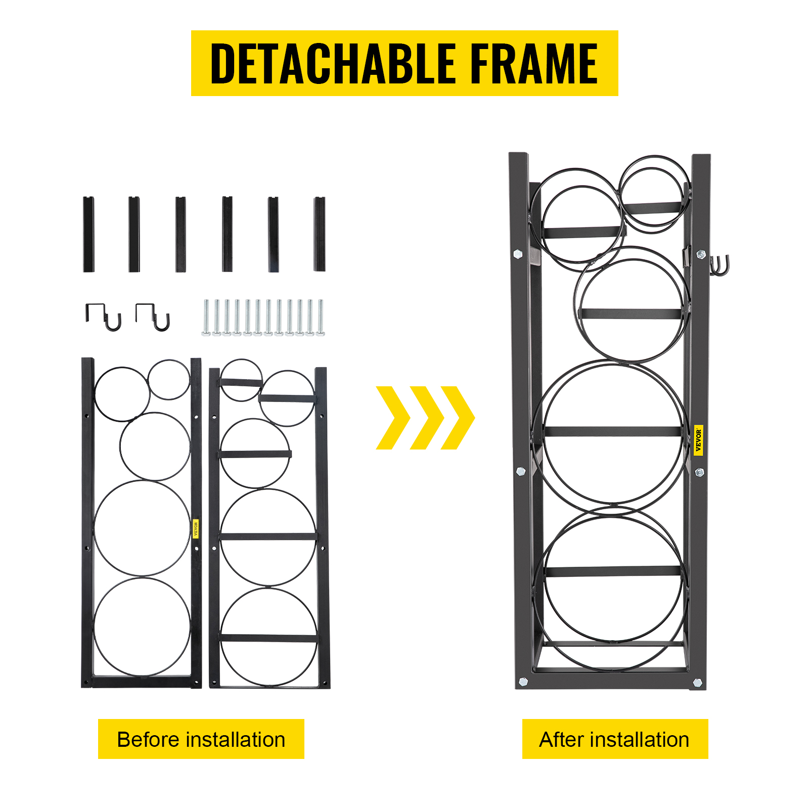 VEVOR refrigerant tank rack detachable frame before and after installation.