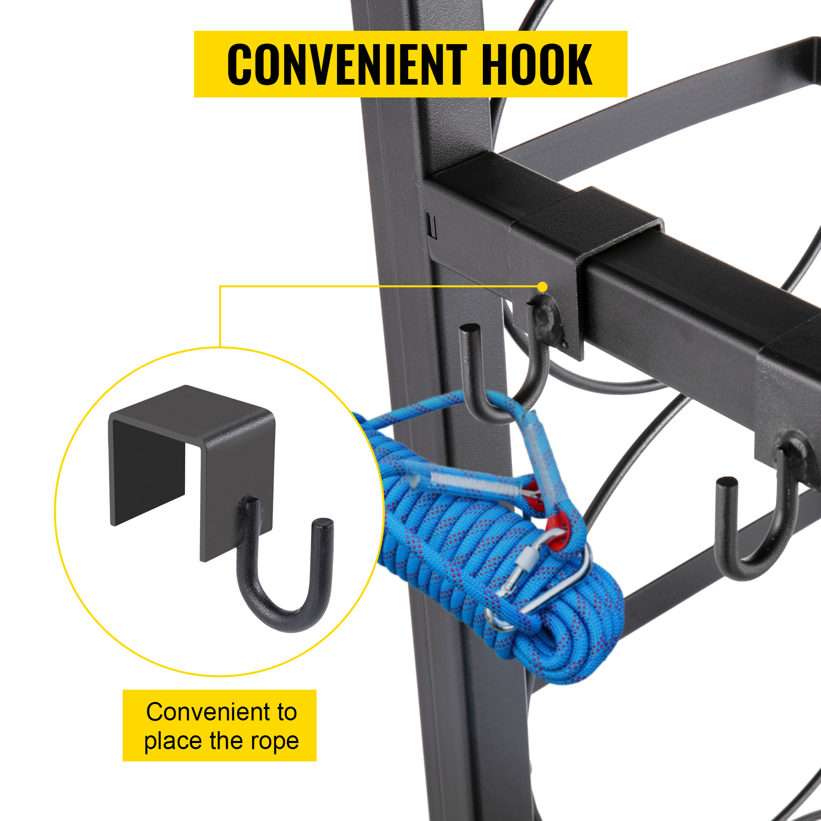 convenient hook on VEVOR refrigerant tank rack for rope placement.