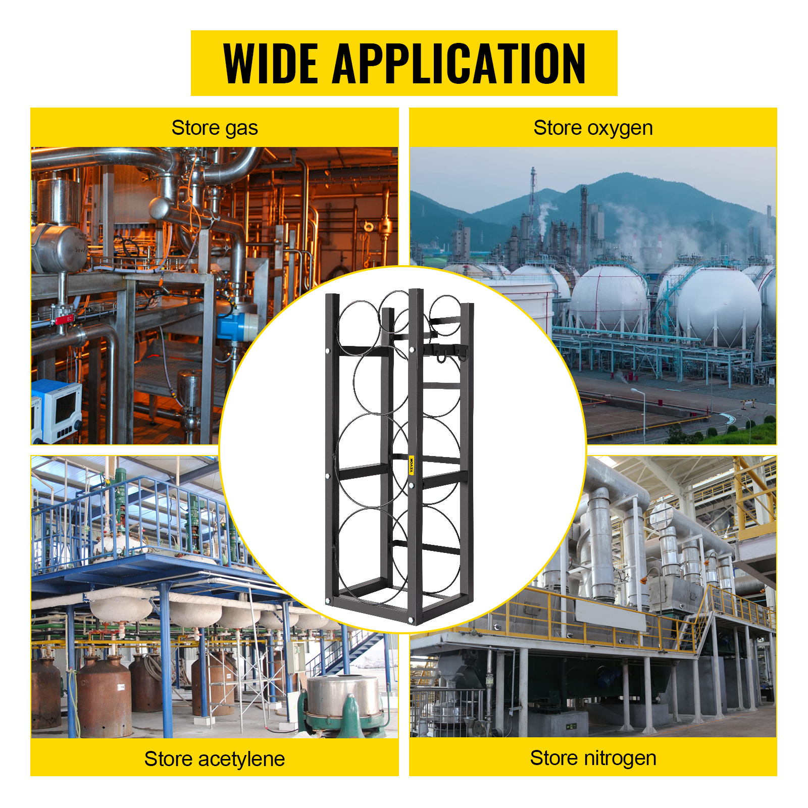 VEVOR refrigerant tank rack for gas, oxygen, acetylene, and nitrogen storage applications.