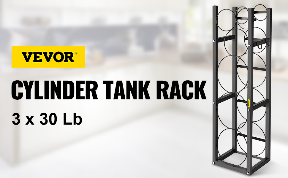 VEVOR refrigerant cylinder rack for 3 x 30 lb tanks in a kitchen setting.