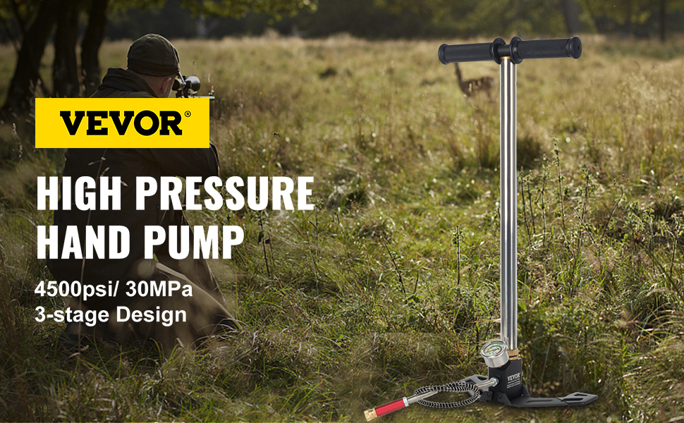 VEVOR airgun pcp pump in a grassy field with hunter in the background.