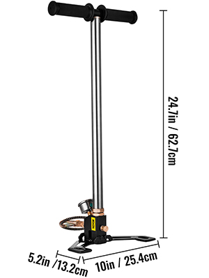 VEVOR airgun pcp pump with dimensions, dual handles, and sturdy base.