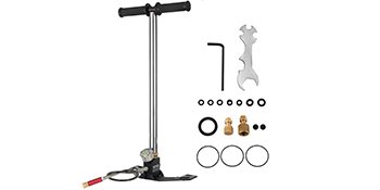 VEVOR airgun pcp pump with accessories: pressure gauge, wrench, seals, hose.