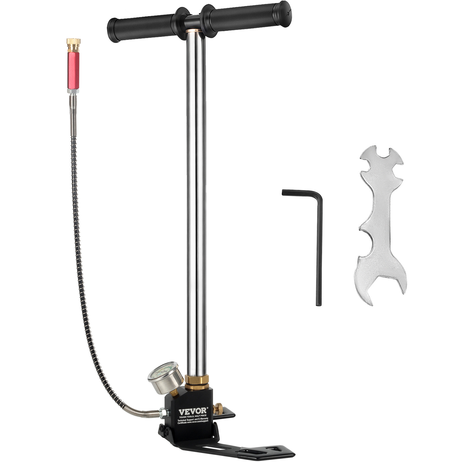 VEVOR airgun pcp pump with pressure gauge, flexible hose, wrench, and allen key.