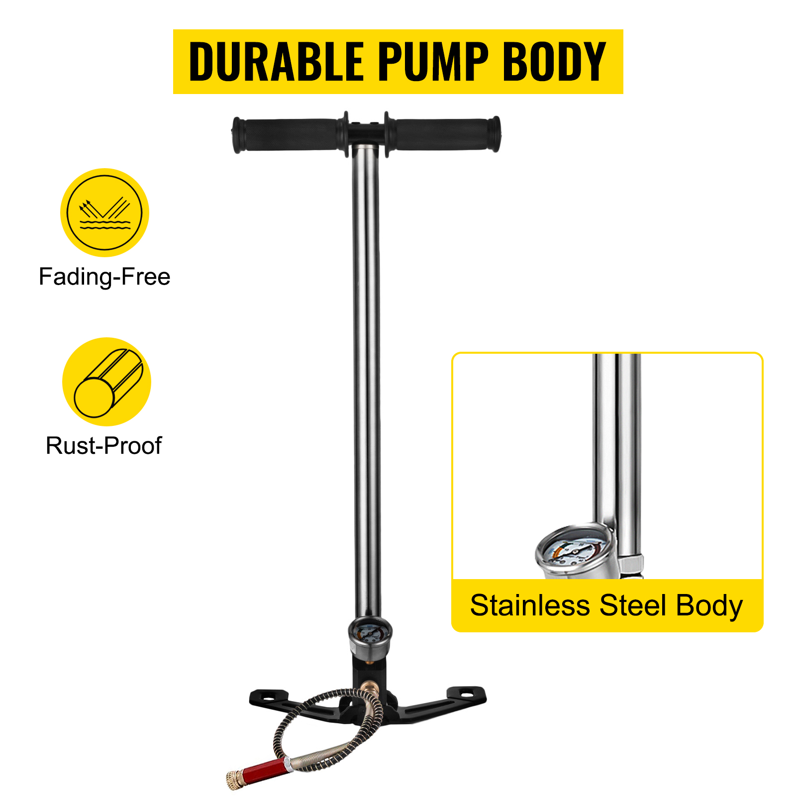 VEVOR airgun pcp pump with durable, rust-proof, fading-free stainless steel body.