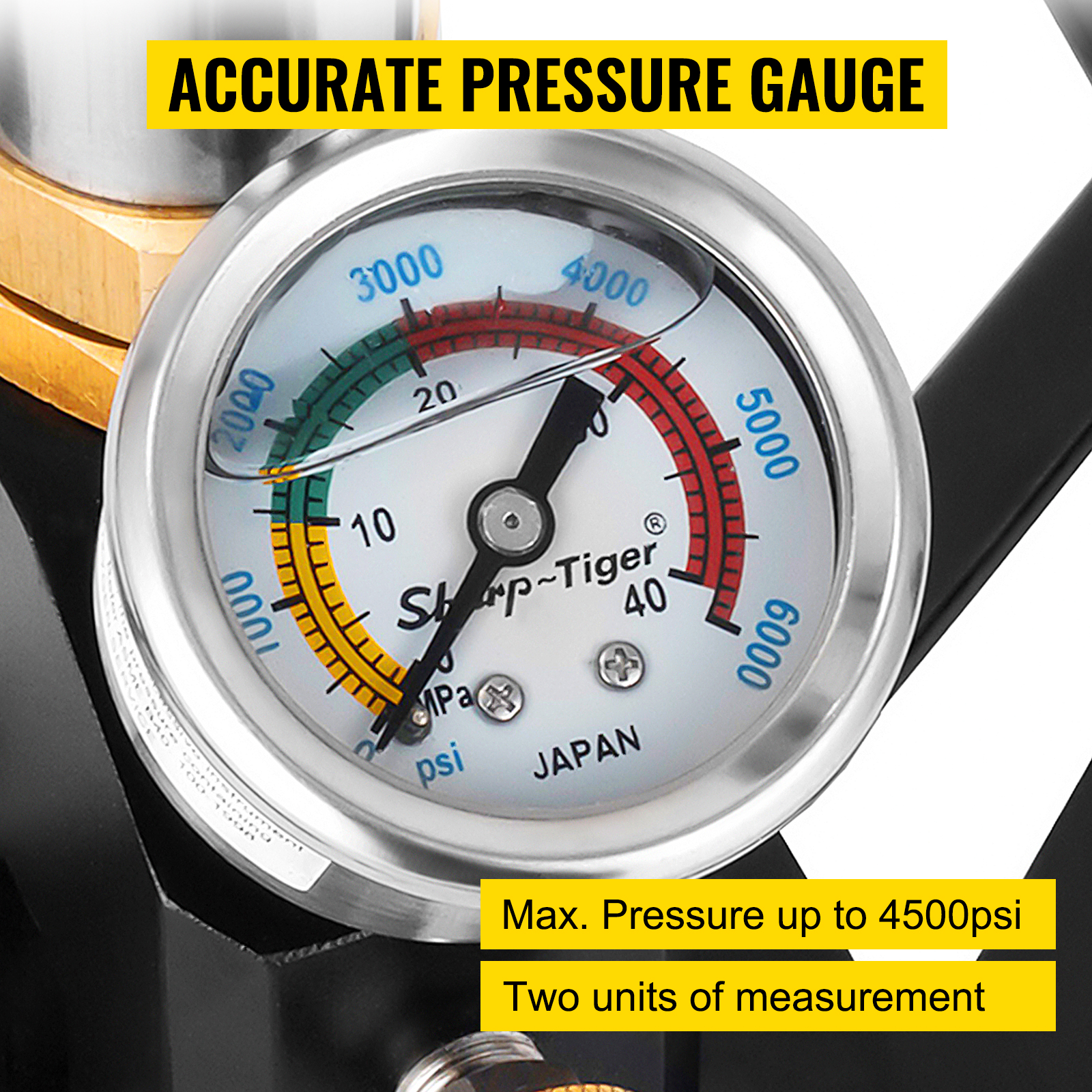 pressure gauge of VEVOR airgun pcp pump displays up to 4500 psi with dual measurement units.