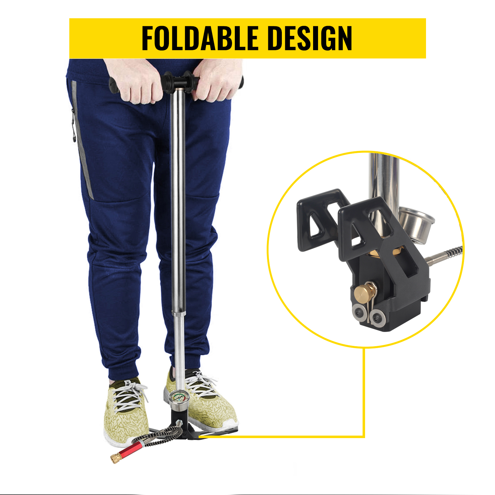 VEVOR airgun pcp pump with foldable design and ergonomic handle in action.
