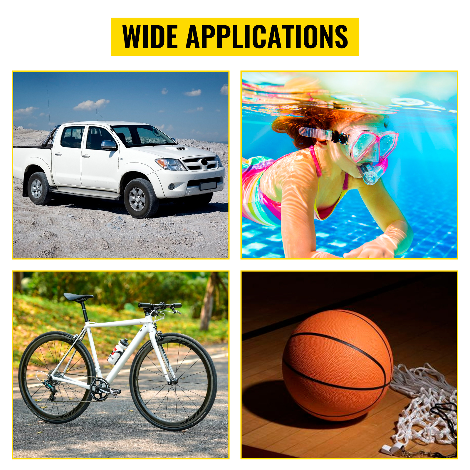 VEVOR airgun pcp pump uses: vehicle, underwater diving, cycling, and basketball.
