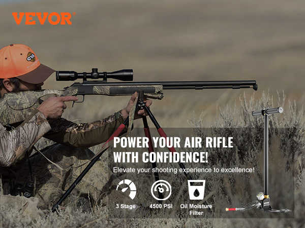 hunter aiming rifle with VEVOR high pressure hand pump, 4500 psi, 3-stage, oil filter.
